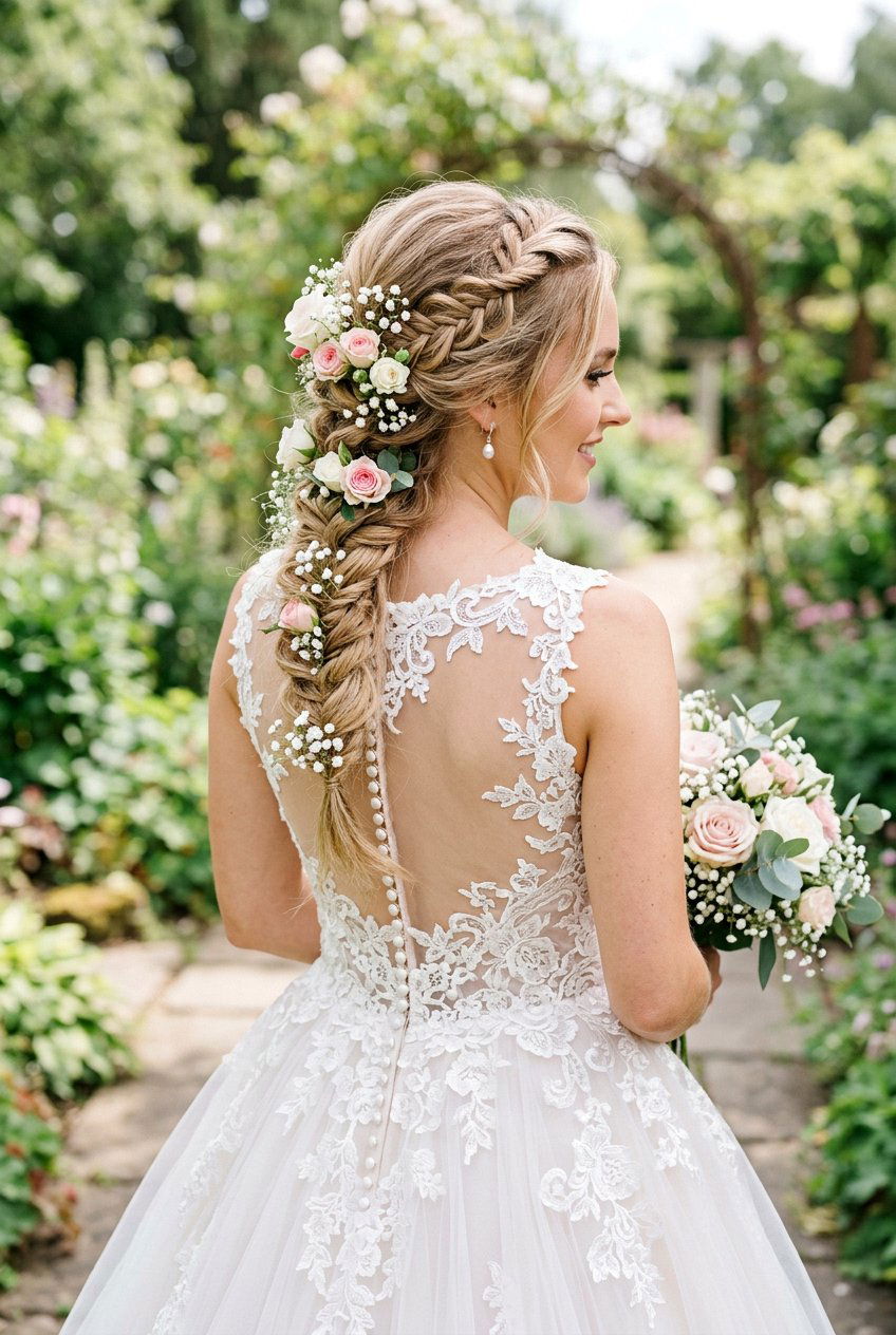 Braided Bridal Hair With Babys Breath And Fresh Flowers - 20 bridal braid with babys breath - 20 bridal braid with baby’s breath
