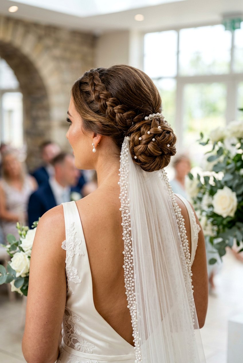 Braided Bridal Low Bun With Pearl Veil - 20 bridal low bun with pearl veil - 20 bridal low bun with pearl veil