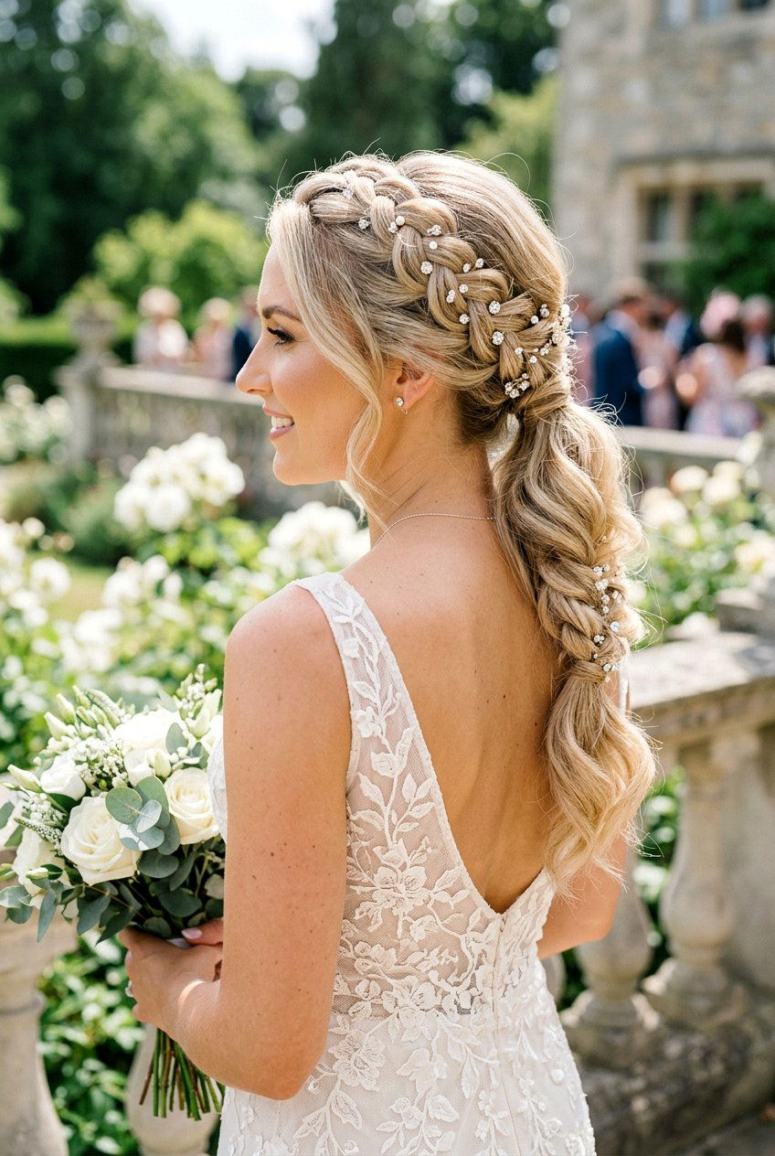 Braided Bridal Ponytail With Crystal Pins - 20 bridal ponytail with crystal pins - 20 bridal ponytail with crystal pins