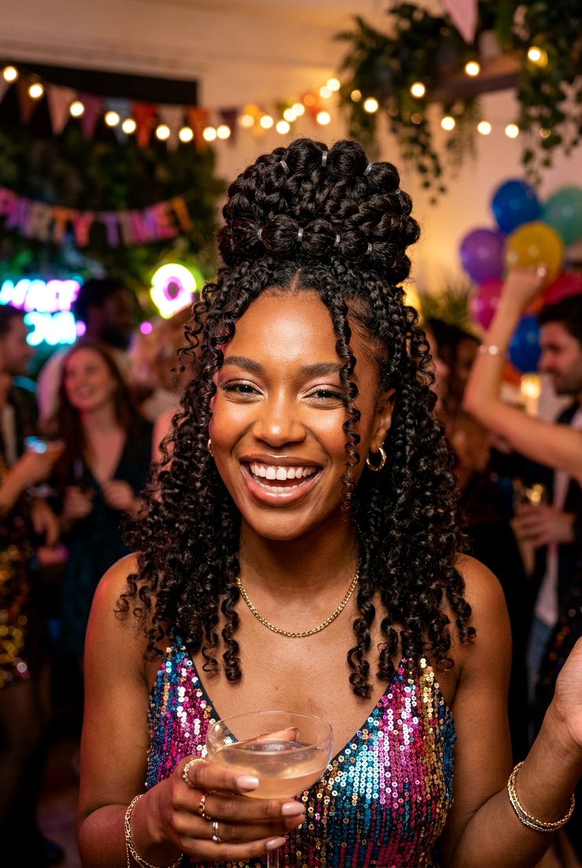 Braided Bubble Bun With Curly Framing Pieces - 20 braided bun with face framing strands - 20 braided bun with face framing strands