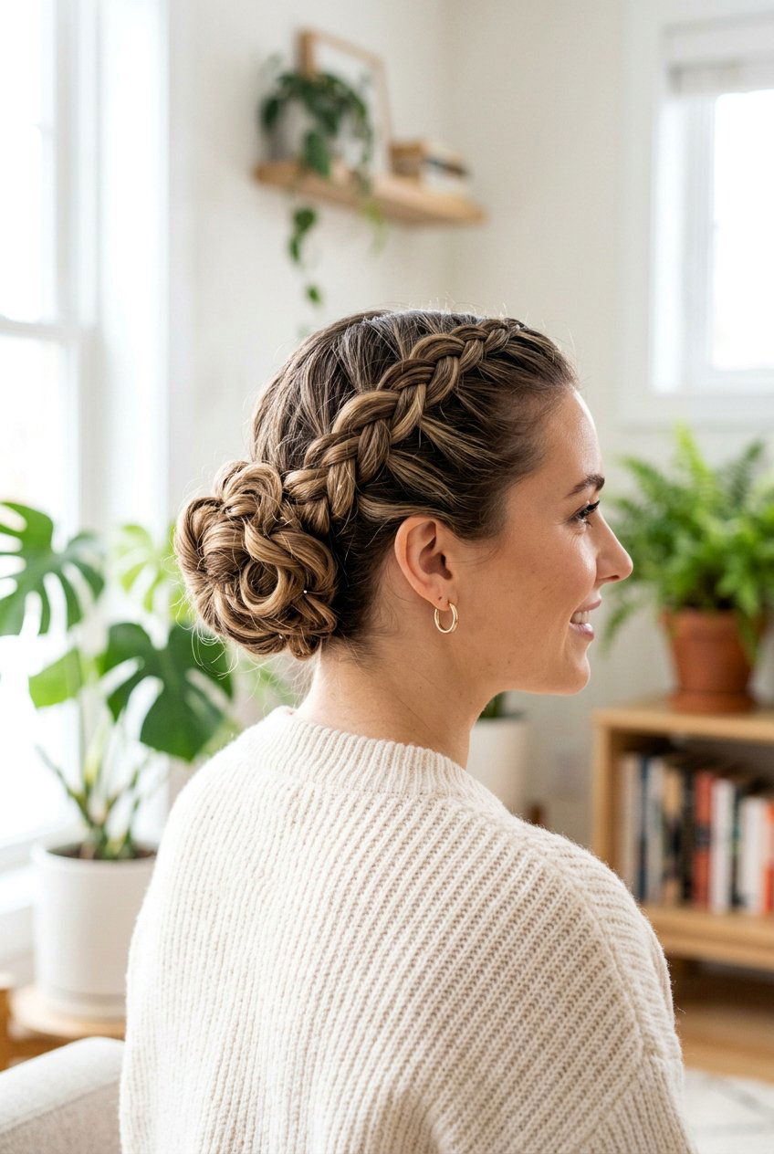 Braided Bun - 20 humidity proof hairstyles for curly hair - 20 humidity proof hairstyles for curly hair