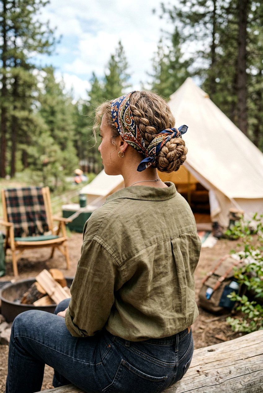 Braided Bun With Bandana For Camping - 20 camping braid bun hairstyle - 20 camping braid bun hairstyle
