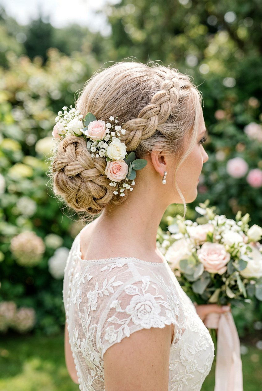 Braided Bun With Floral Accents - 20 bridal hairstyles with fresh flowers - 20 bridal hairstyles with fresh flowers