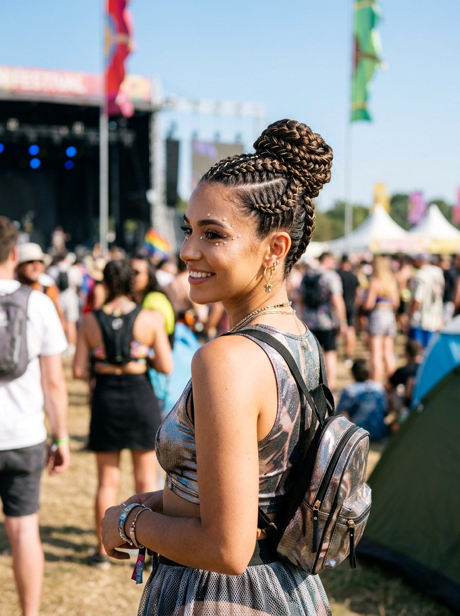 Braided Bun With Metallic Threads - 20 rave braid buns hairstyle - 20 rave braid buns hairstyle