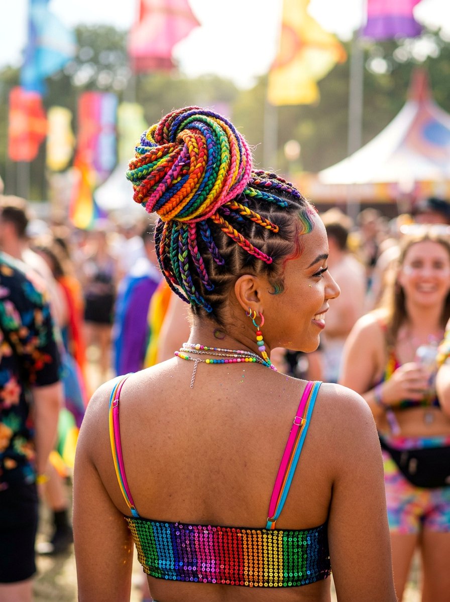 Braided Bun With Rainbow Braids - 20 rave braid buns hairstyle - 20 rave braid buns hairstyle