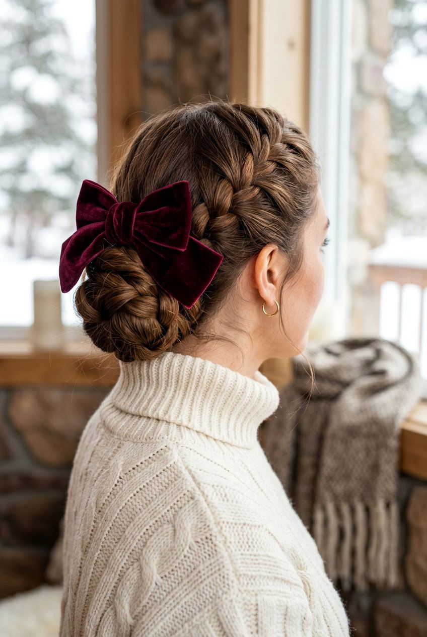 Braided Bun With Velvet Bow - 20 festive braid bun hairstyle - 20 festive braid bun hairstyle