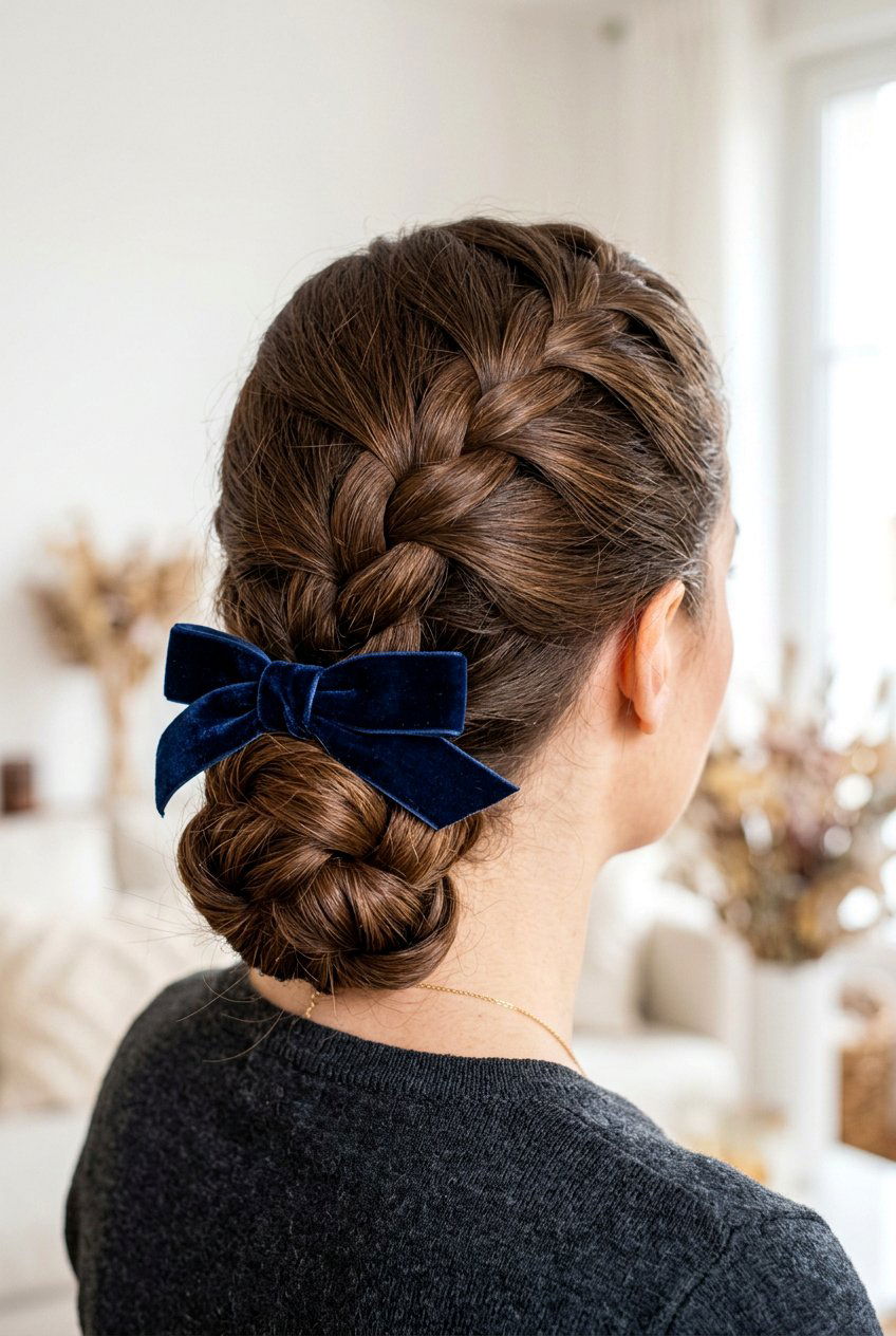 Braided Bun With Velvet Bow - 20 coquette bow bun hairstyle - 20 coquette bow bun hairstyle