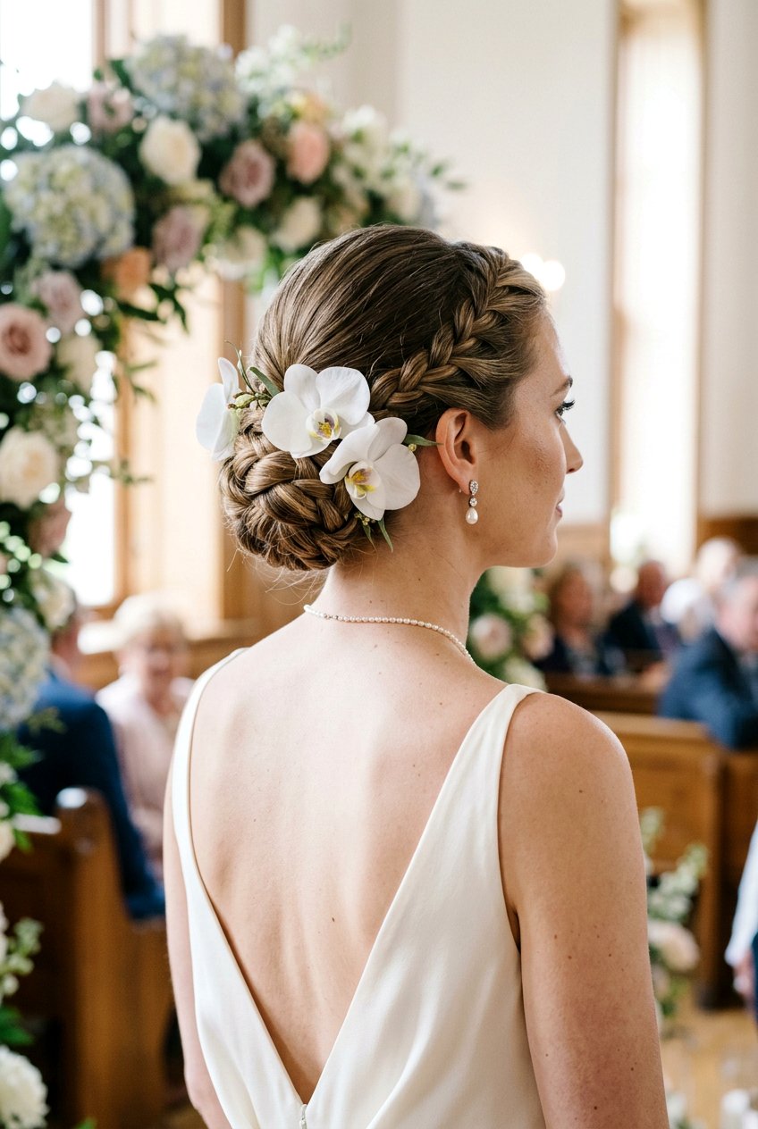Braided Chignon With Orchid Pins - 20 floral bridal braid hairstyle - 20 floral bridal braid hairstyle