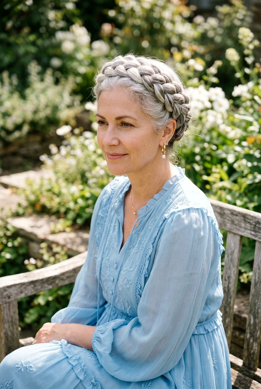 Braided Crown - 20 wedding guest hairstyle for naturally gray hair - 20 wedding guest hairstyle for naturally gray hair