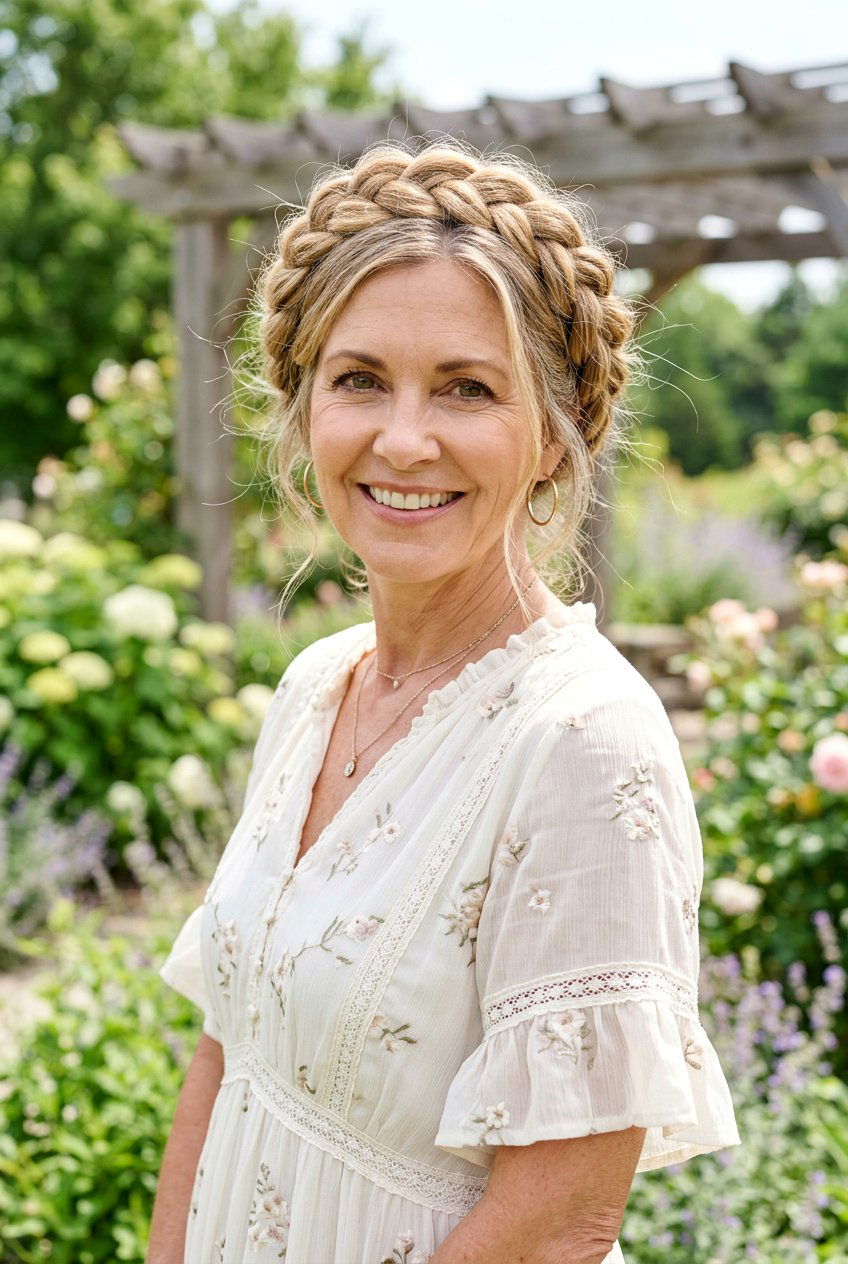 Braided Crown - 20 classy wedding guest hairstyles for women over 50 - 20 classy wedding guest hairstyles for women over 50