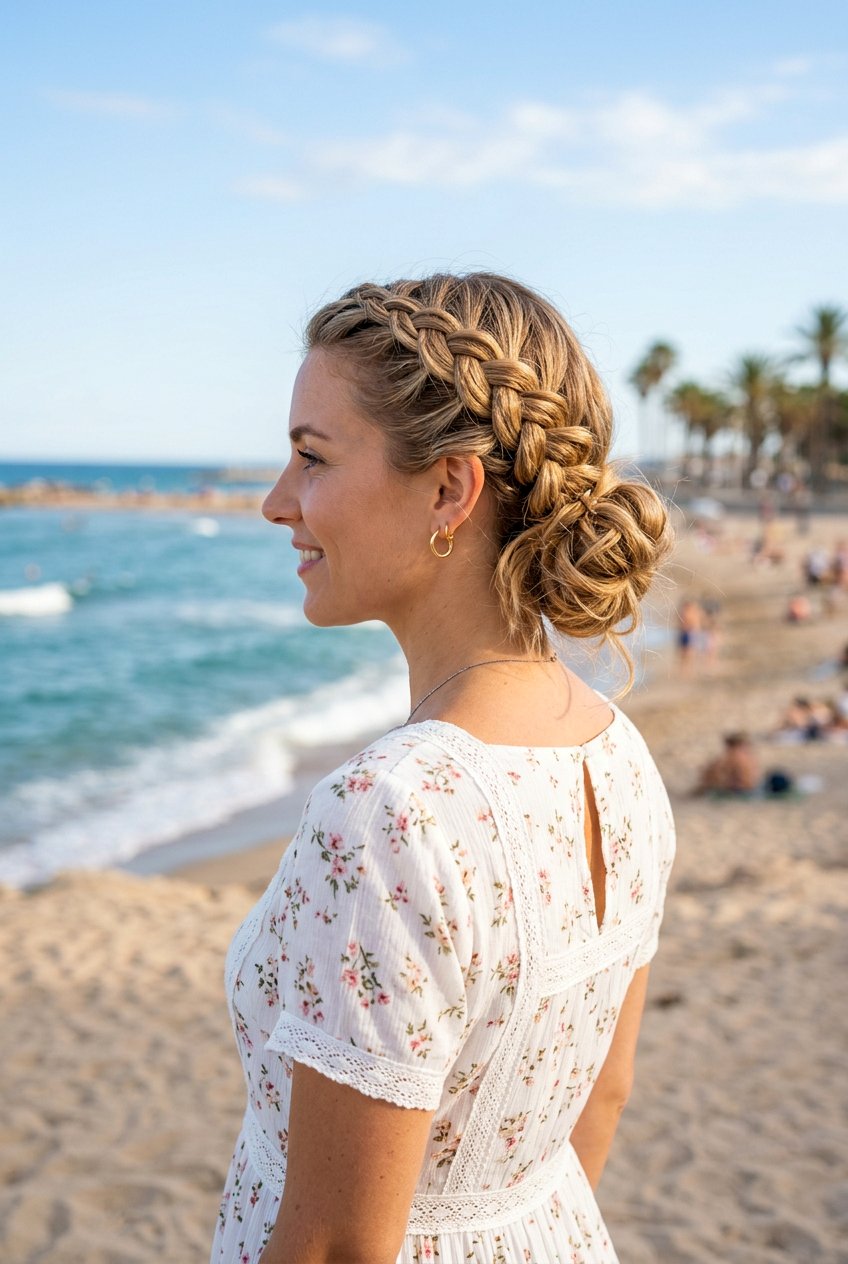 Braided Crown Beach Bun - 20 beach bun hairstyle - 20 beach bun hairstyle