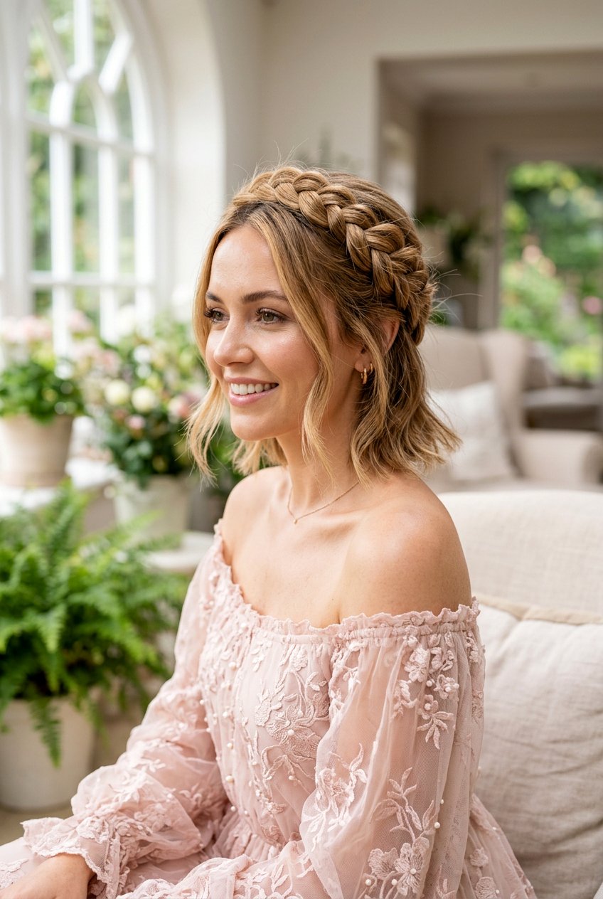 Braided Crown Bob - 20 bridesmaid hairstyles for short bob hair - 20 bridesmaid hairstyles for short bob hair