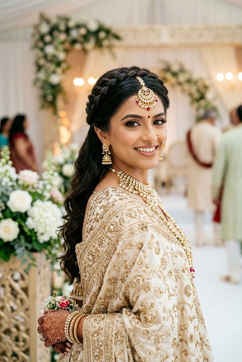 Braided Crown Bridal Hairstyle With Maang Tikka - 20 south asian bridal braid hairstyle - 20 south asian bridal braid hairstyle