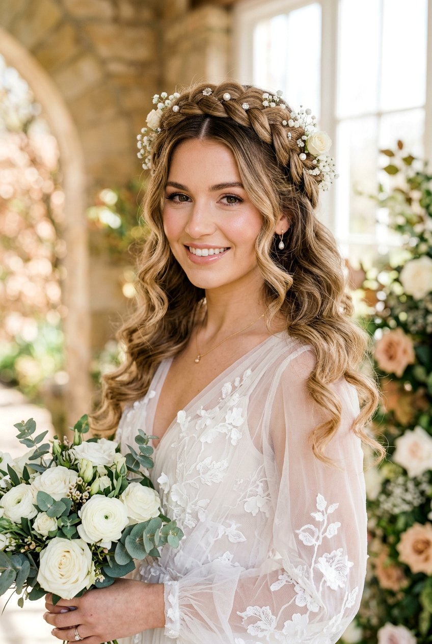 Braided Crown Bridal Soft Curls With Middle Part - 20 bridal soft curls with middle part - 20 bridal soft curls with middle part