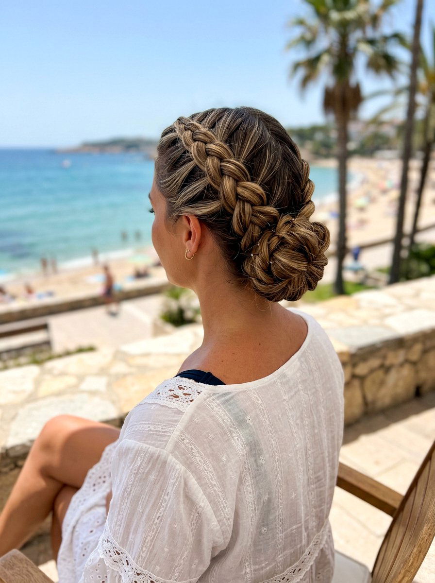Braided Crown Bun - 20 pool day bun hairstyle - 20 pool day bun hairstyle