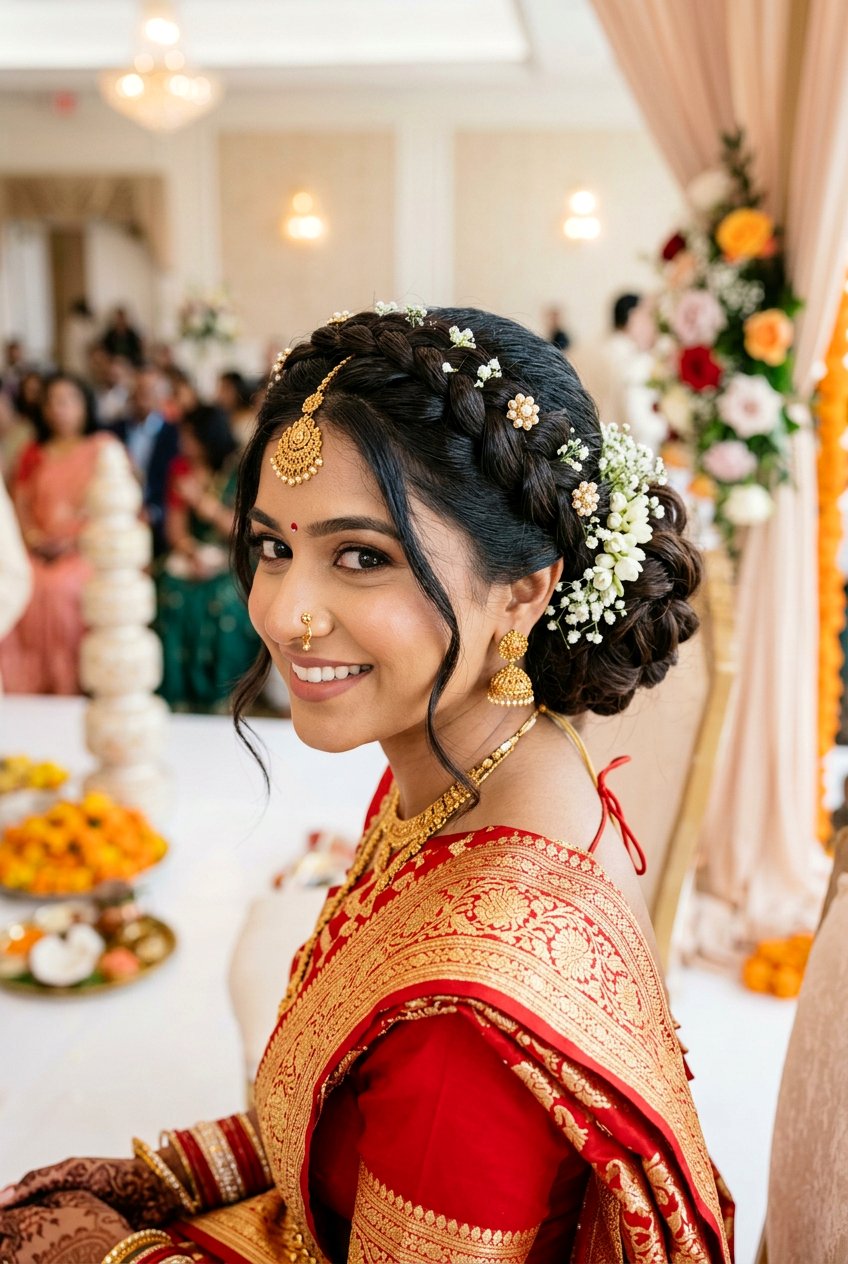 Braided Crown Bun For Desi Bride - 20 desi bridal bun hairstyle - 20 desi bridal bun hairstyle
