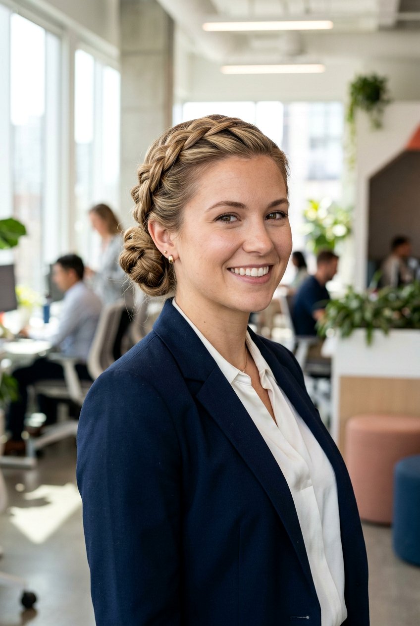 Braided Crown Bun For Office - 20 business bun hairstyle - 20 business bun hairstyle