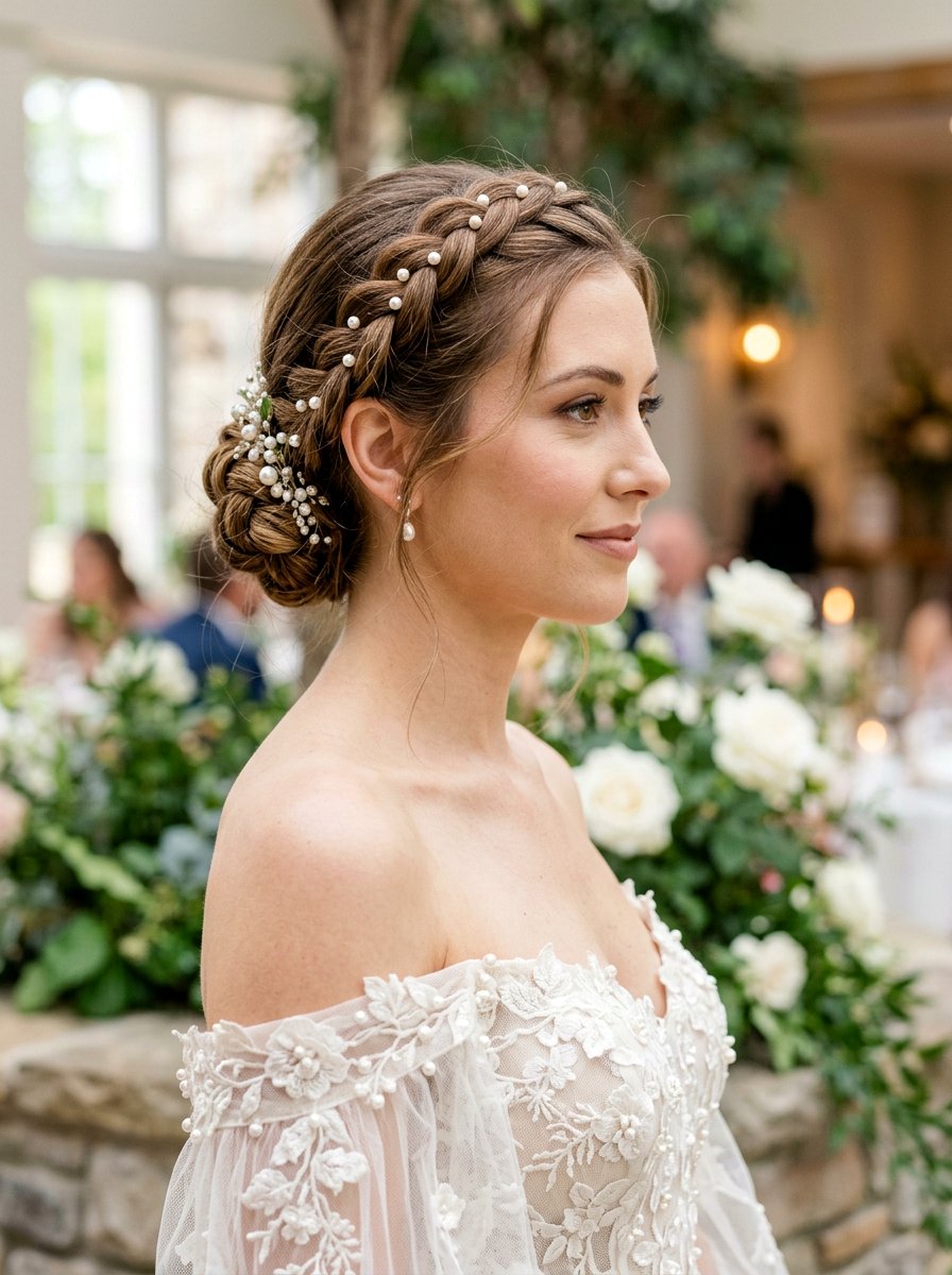 Braided Crown Bun With Pearls - 20 pearl embellished bun hairstyle - 20 pearl embellished bun hairstyle