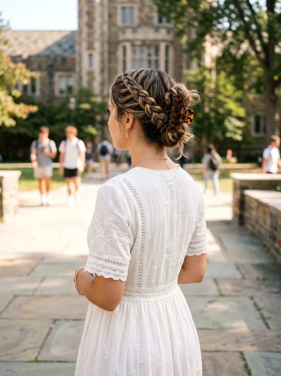 Braided Crown Claw Clip Updo - 20 claw clip hairstyle for college girls - 20 claw clip hairstyle for college girls