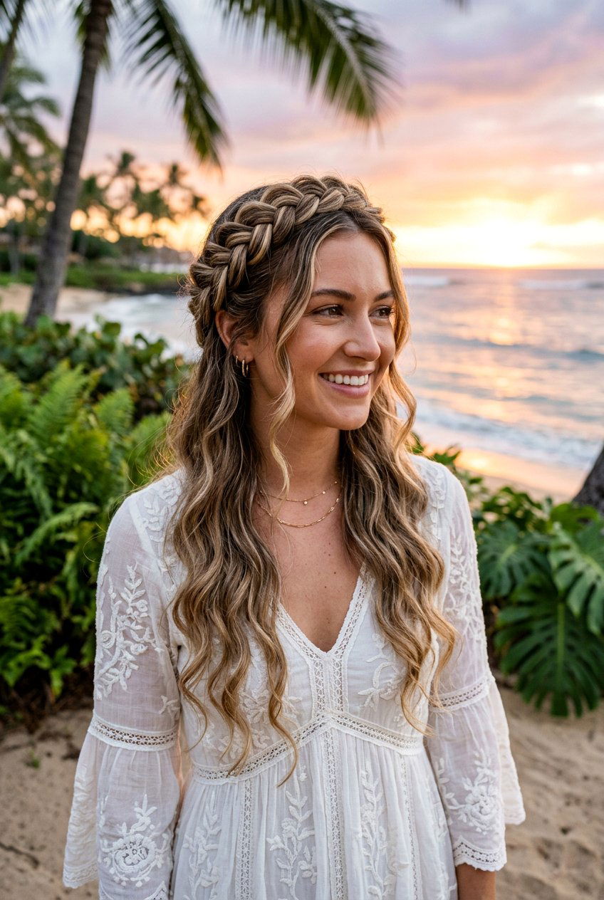 Braided Crown For Tropical Evenings - 20 tropical vacation hairstyles - 20 tropical vacation hairstyles