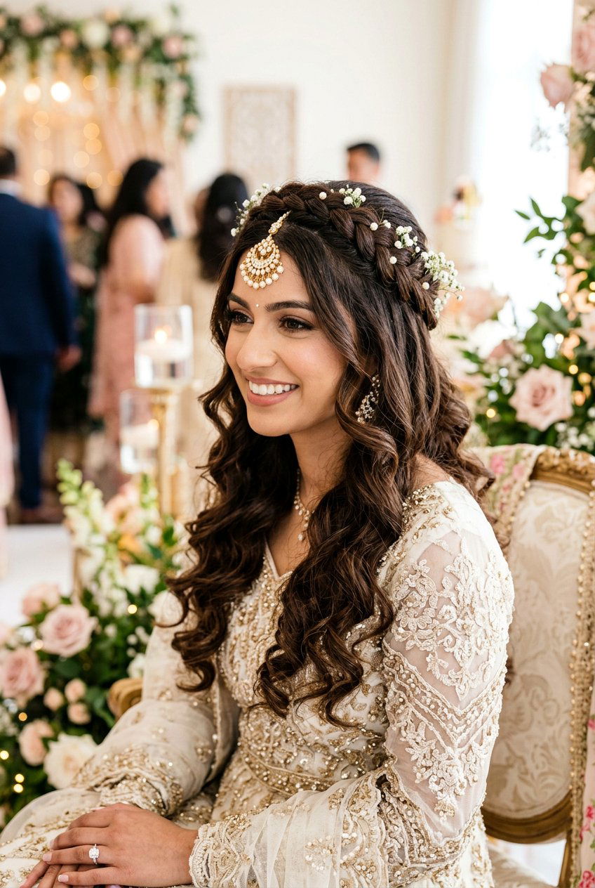 Braided Crown Half Up Bridal Hair - 20 pakistani bridal hairstyles - 20 pakistani bridal hairstyles