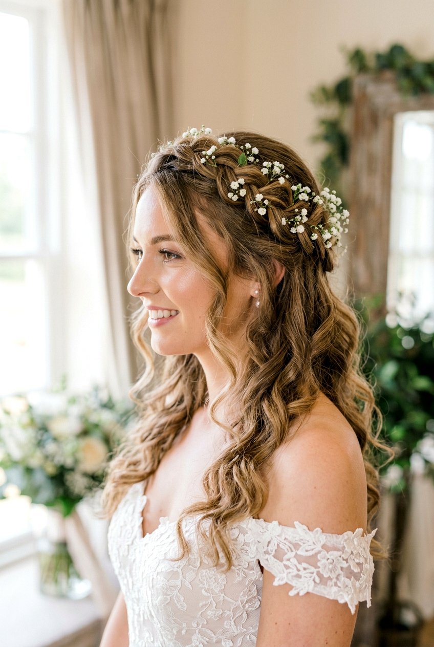 Braided Crown Half Up With Babys Breath - 20 bridal half up with braid crown - 20 bridal half up with braid crown