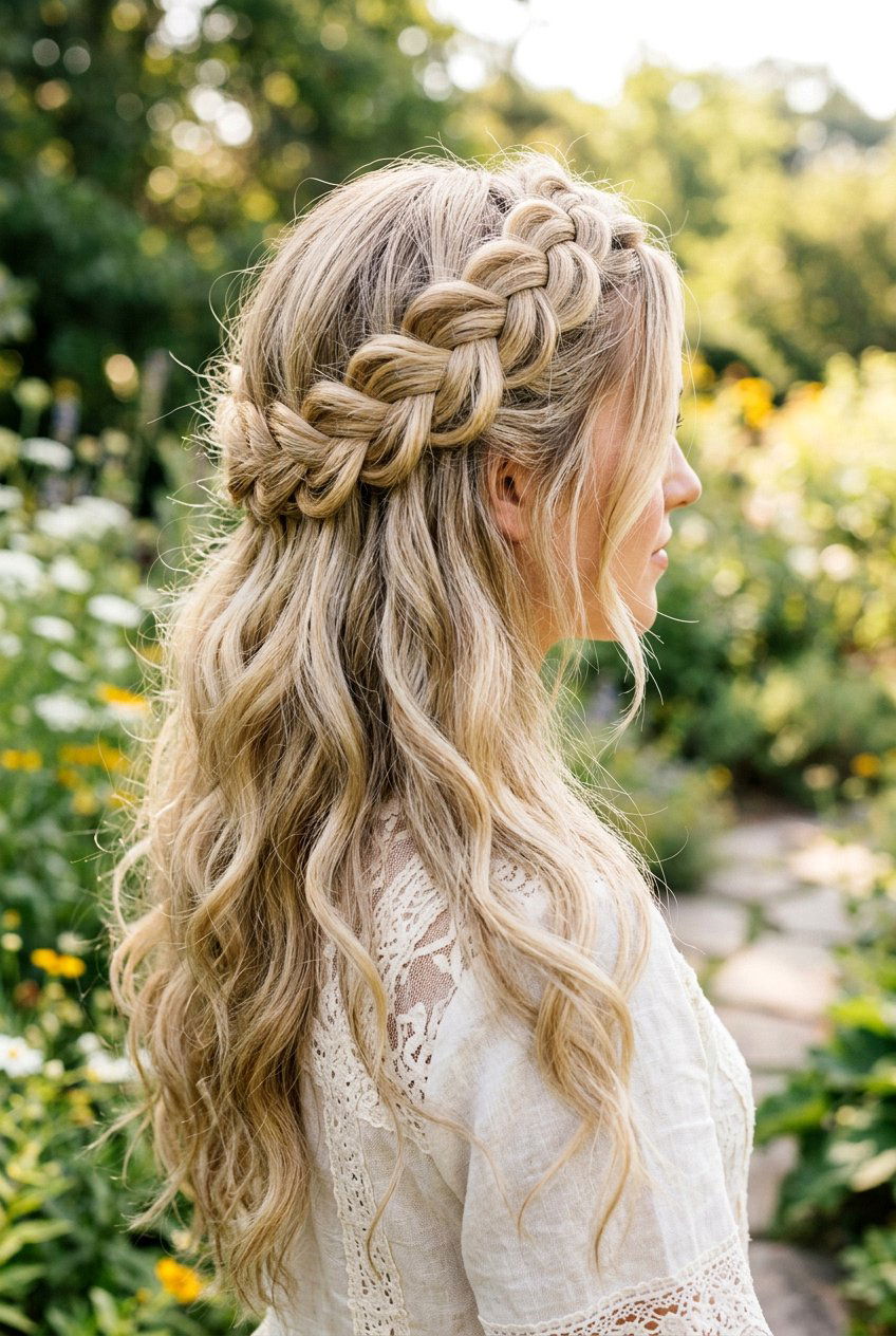 Braided Crown Half Updo - 20 half up half down prom hairstyles - 20 half up half down prom hairstyles