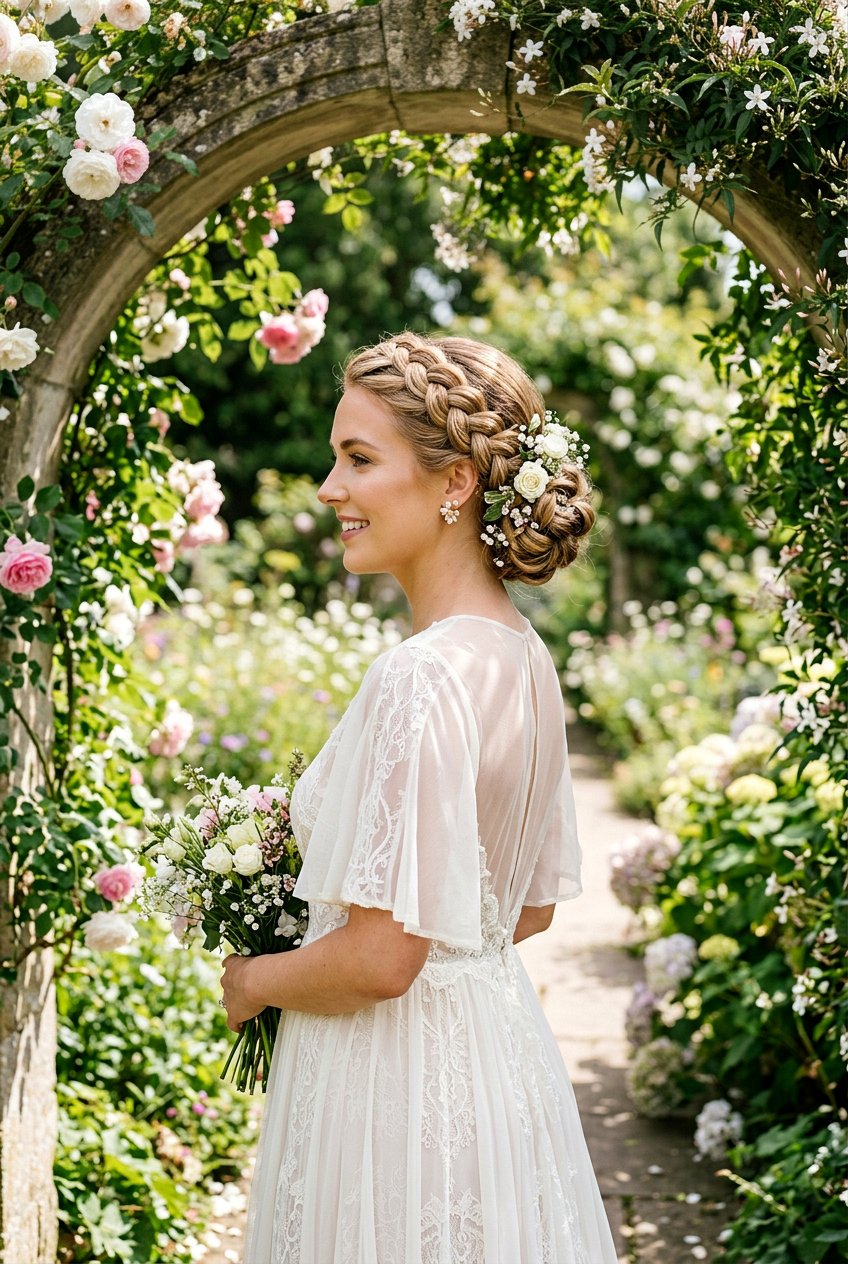 Braided Crown Into Floral Bun - 20 wedding bun with flowers - 20 wedding bun with flowers