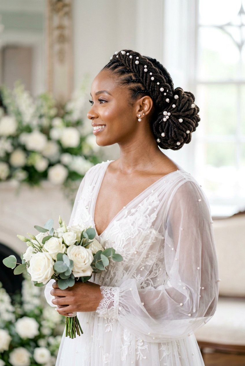 Braided Crown Loc Bun with Pearls - 20 bridal loc bun with pearls - 20 bridal loc bun with pearls