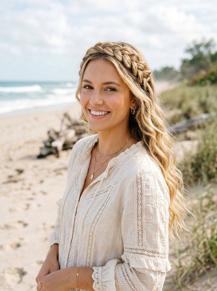 Braided Crown Low Beach Waves - 20 vacation hairstyle with low beach waves - 20 vacation hairstyle with low beach waves