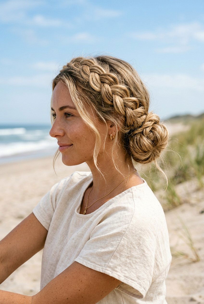 Braided Crown Low Bun Beach Hair - 20 beach hairstyle with braided crown - 20 beach hairstyle with braided crown