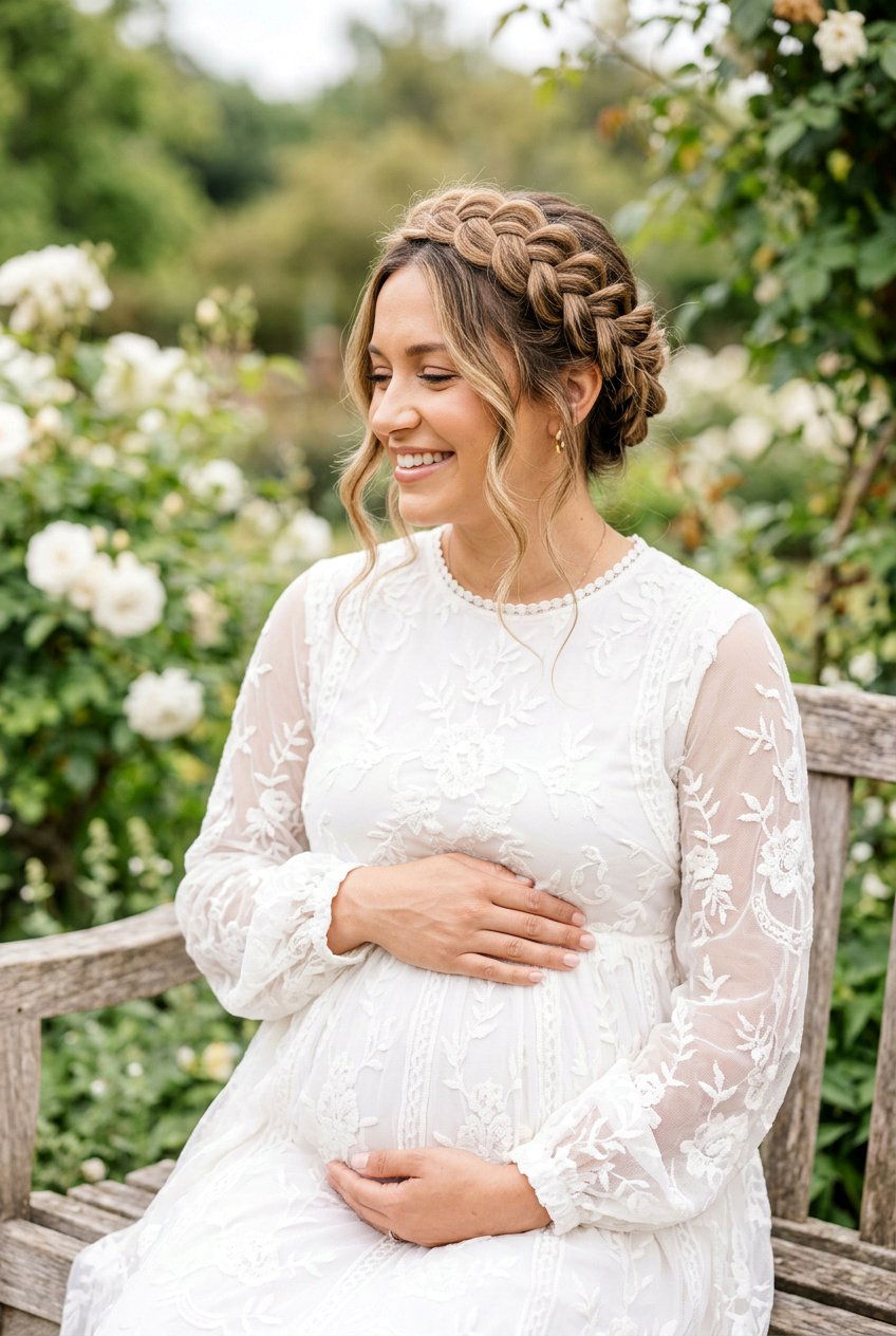Braided Crown Maternity Photoshoot Hair - 20 maternity photo shoot hairstyles - 20 maternity photo shoot hairstyles