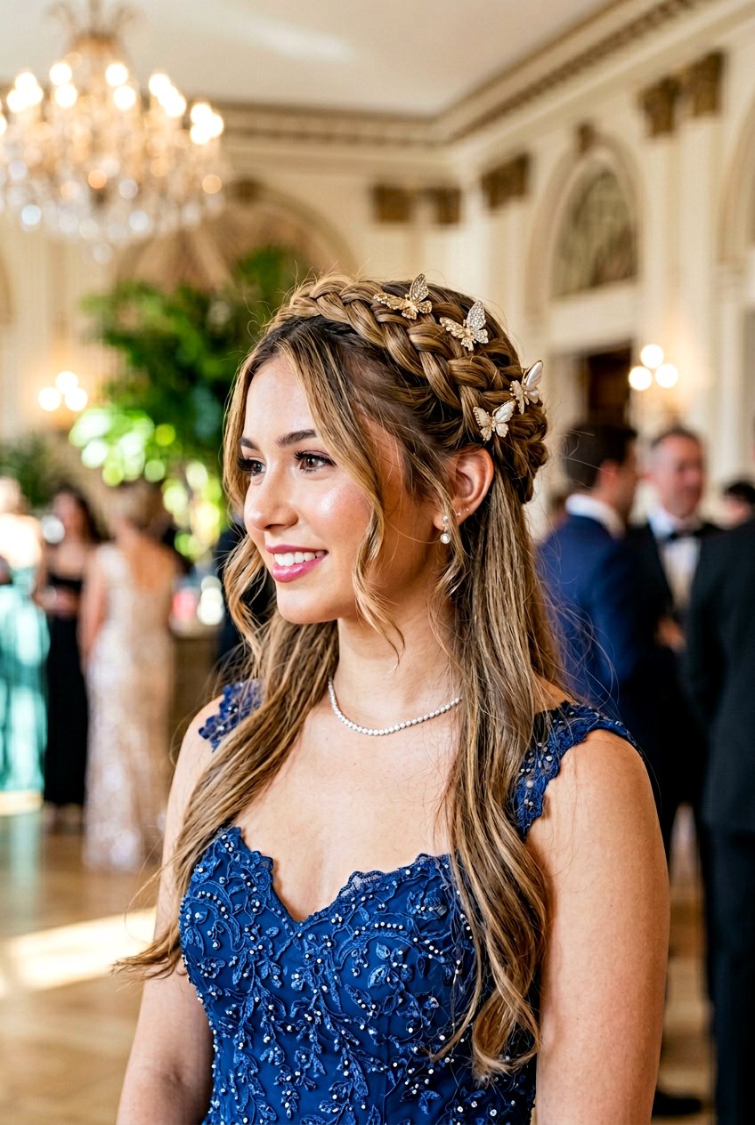 Braided Crown Prom Hairstyle with Butterfly Clips - 20 prom hairstyles with butterfly clips - 20 prom hairstyles with butterfly clips