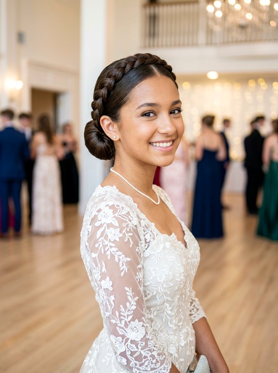 Braided Crown Sleek Bun - 20 teen girls prom hairstyle with sleek bun - 20 teen girls prom hairstyle with sleek bun