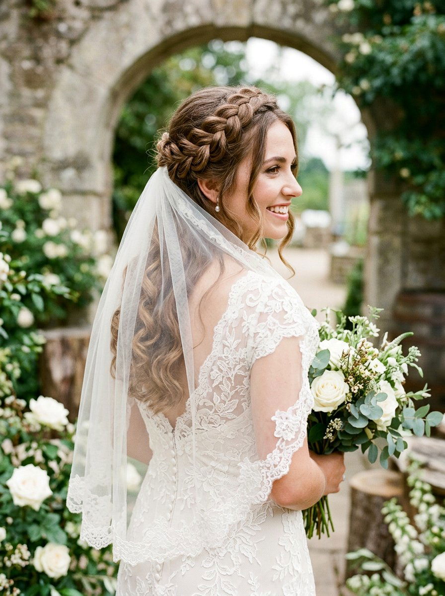 Braided Crown Soft Curls Veil - 20 wedding hairstyles with soft curls and veil - 20 wedding hairstyles with soft curls and veil