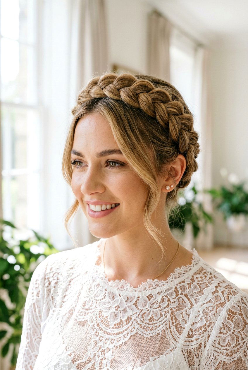 Braided Crown Updo - 20 mom polished date night hairstyle - 20 mom polished date night hairstyle