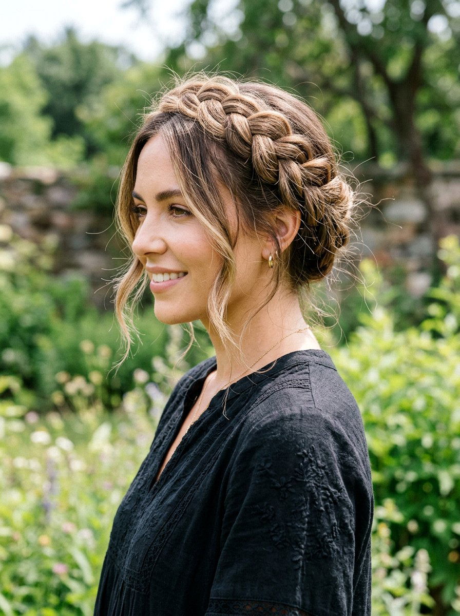 Braided Crown Updo - 20 party hairstyle for black dress - 20 party hairstyle for black dress