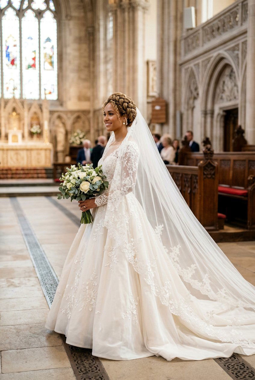 Braided Crown Updo With Cathedral Veil - 20 bridal hairstyle for thick hair with veil - 20 bridal hairstyle for thick hair with veil