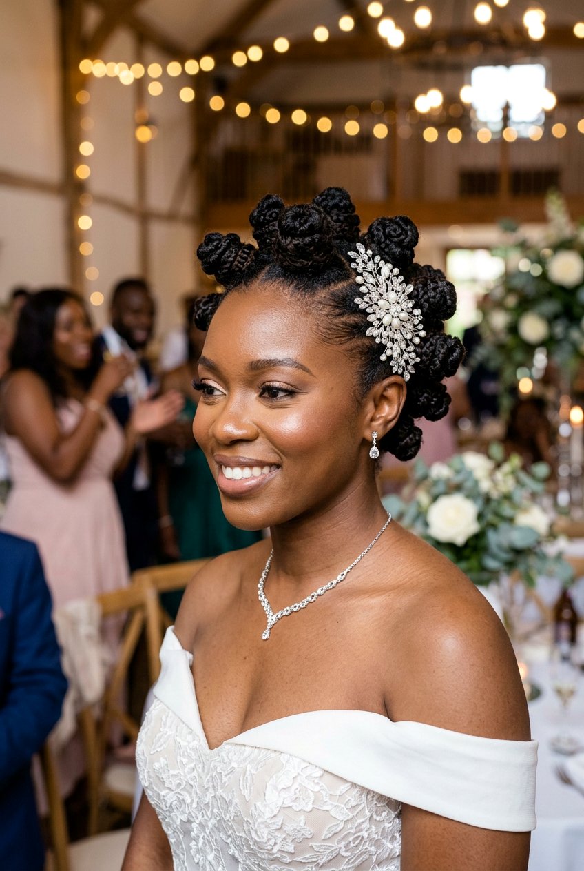 Braided Crown Updo with Coiled Tendrils - 20 wedding updo for black women natural hair - 20 wedding updo for black women natural hair