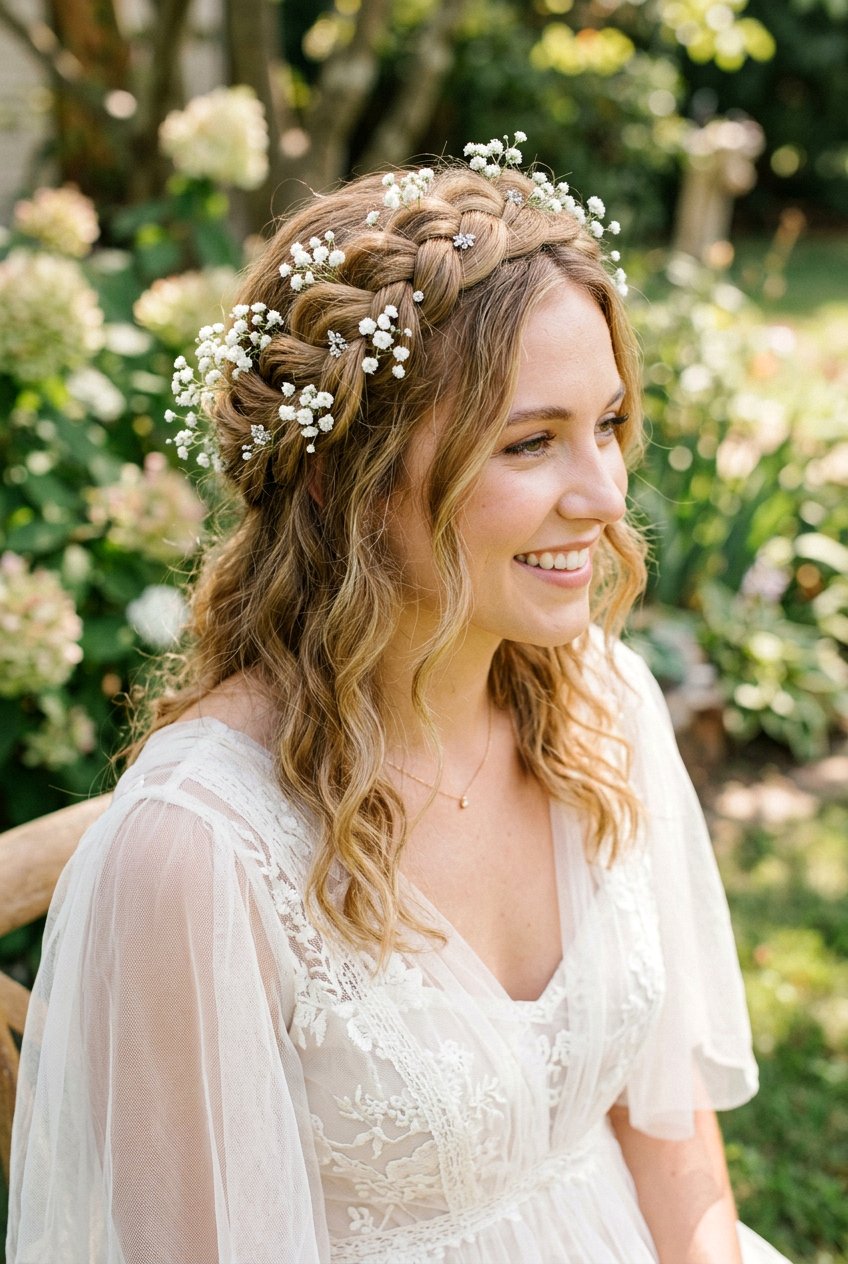 Braided Crown With Babys Breath Pins - 20 bridal hairstyle with floral pins - 20 bridal hairstyle with floral pins