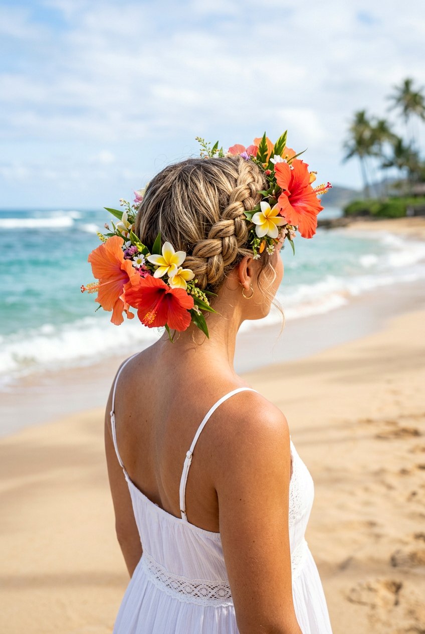 Braided Crown With Beach Flowers - 20 beach hairstyle with braided crown - 20 beach hairstyle with braided crown