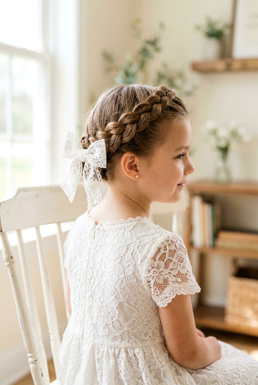 Braided Crown With Bow - 20 bow hairstyle for little girls - 20 bow hairstyle for little girls