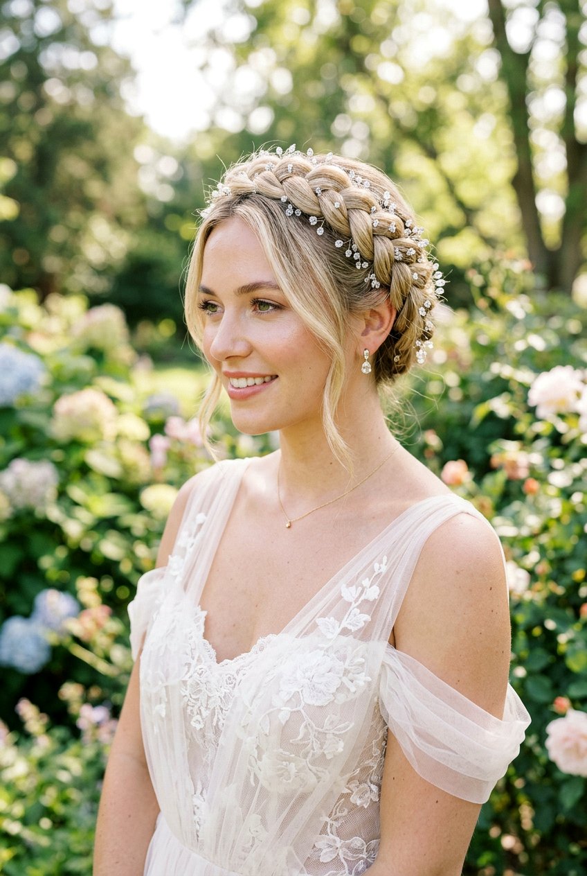Braided Crown With Crystal Hairpins - 20 crystal hairpin bridal hairstyle - 20 crystal hairpin bridal hairstyle