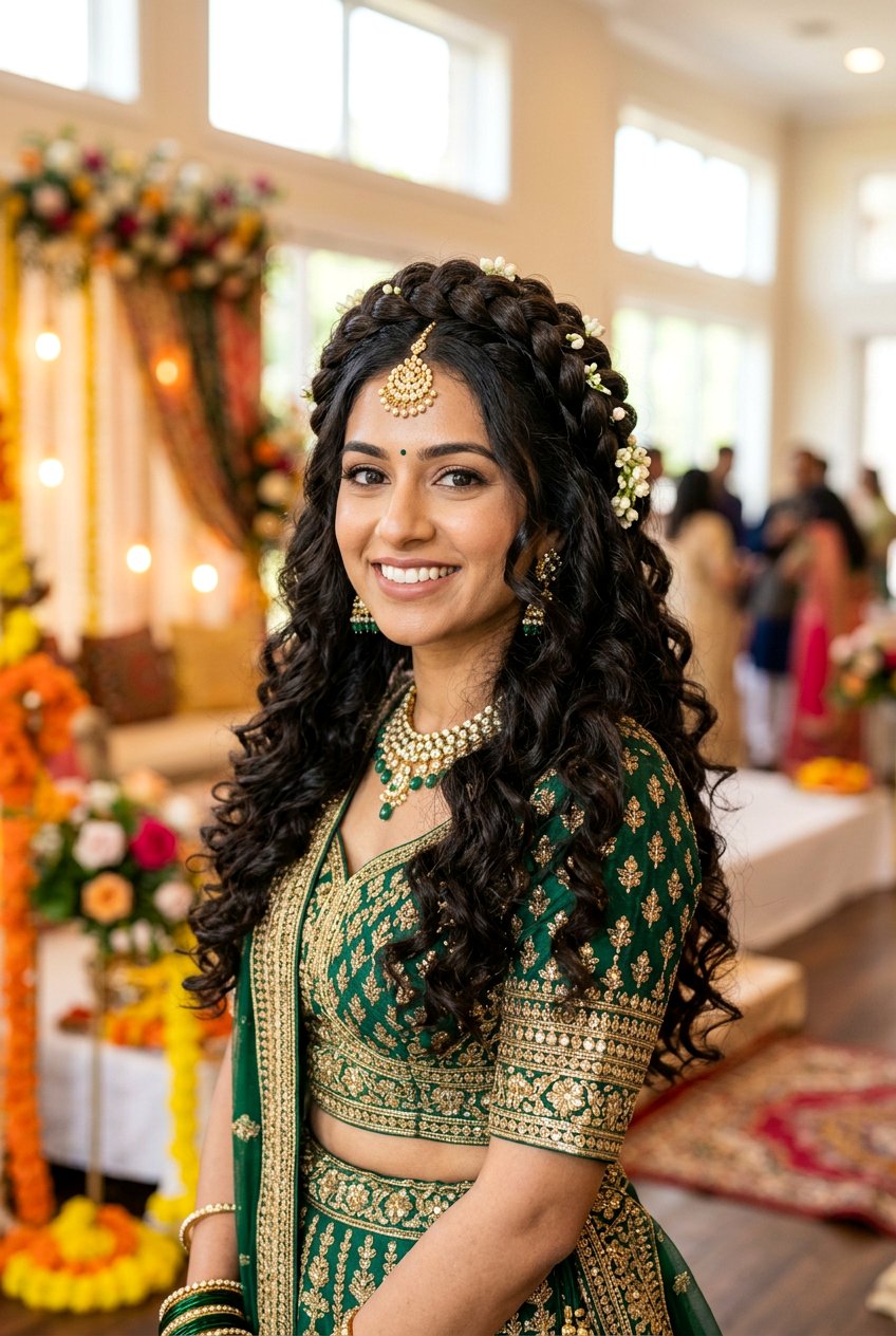 Braided Crown With Curls - 20 sangeet hairstyles - 20 sangeet hairstyles