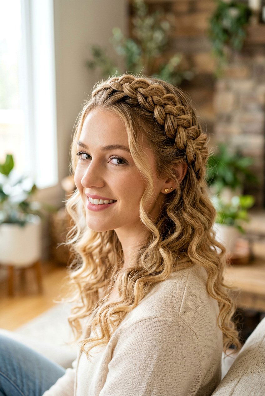 Braided Crown With Curls - 20 pageant hairstyle with soft curls - 20 pageant hairstyle with soft curls