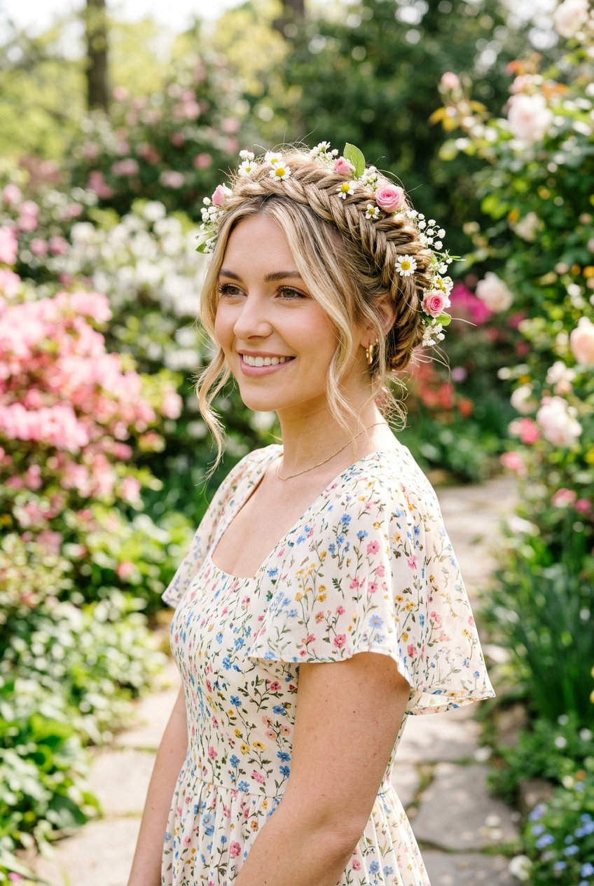 Braided Crown With Flower Accessories - 20 birthday hairstyle with braided crown - 20 birthday hairstyle with braided crown