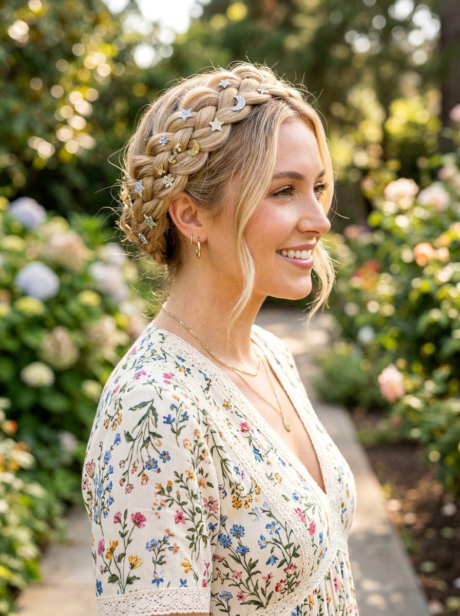 Braided Crown With Glitter Clips - 20 party hairstyle with glitter clips - 20 party hairstyle with glitter clips