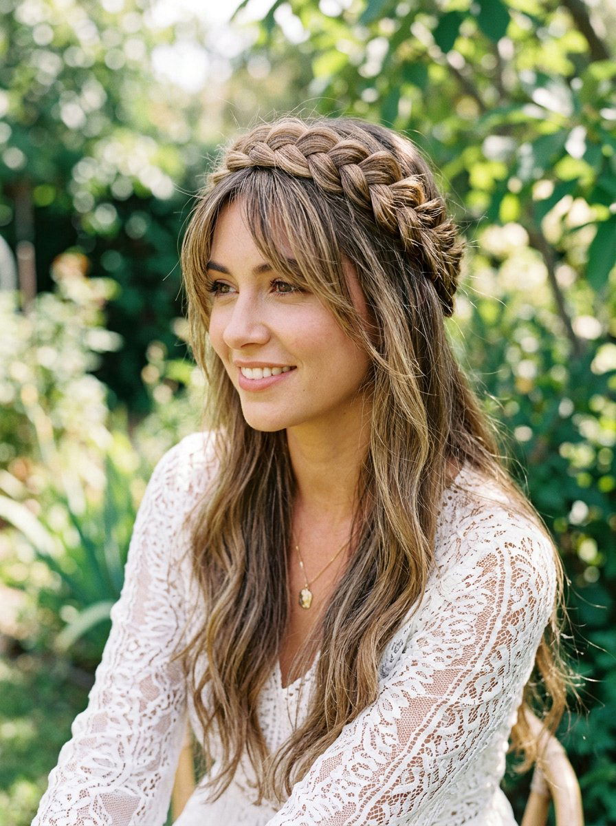 Braided Crown With Long Layers And Bangs - 20 simple hairstyle for long layers and bangs - 20 simple hairstyle for long layers and bangs