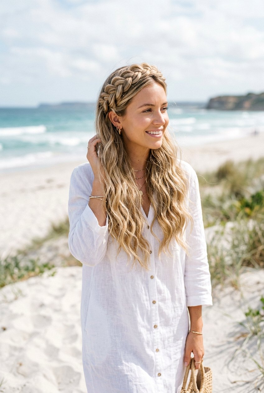 Braided Crown With Loose Beach Waves - 20 beach hairstyle with braided crown - 20 beach hairstyle with braided crown