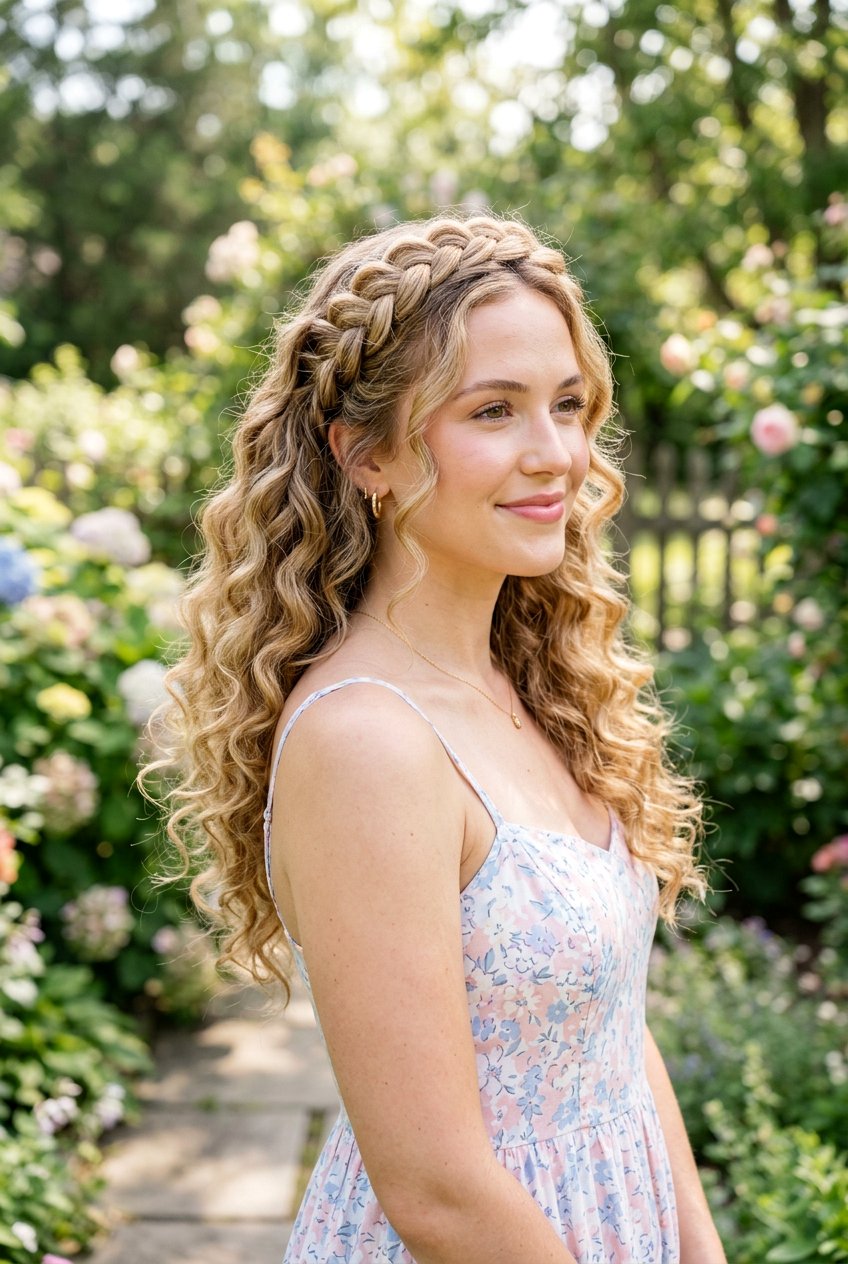 Braided Crown With Loose Curls - 20 birthday hairstyle with braided crown - 20 birthday hairstyle with braided crown